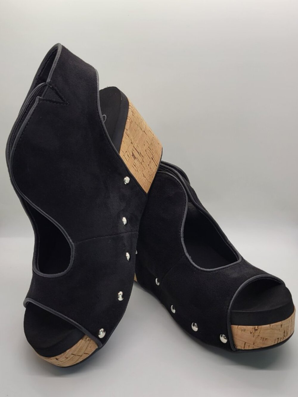 Corkys Frisky Wedge Sandals Women 7 Black Faux Suede Cork Platform Studded Strap